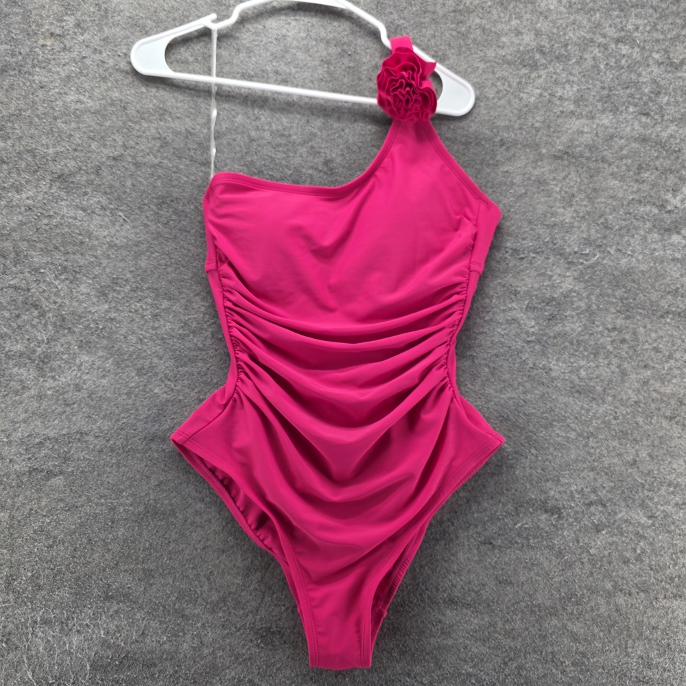 Shade & Shore One Piece Womens M Pink One Shoulder Ruffle Ruched Lined Stretch